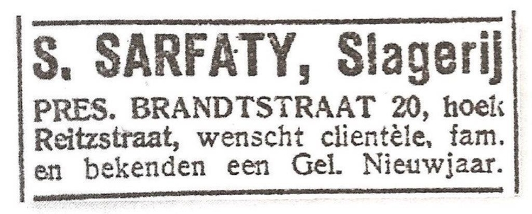 Pres. Brandtstraat 20 hoek Reitzstraat Slagerij S. Sarfaty - 11-9-1931  